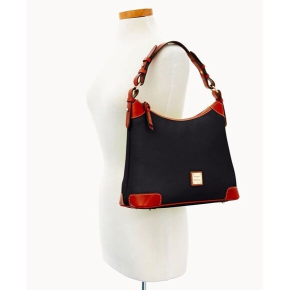 NWT Dooney & Bourke Black Pebble Grain Leather Hobo Bag w/ Tan Straps R924 BL - Picture 2 of 14